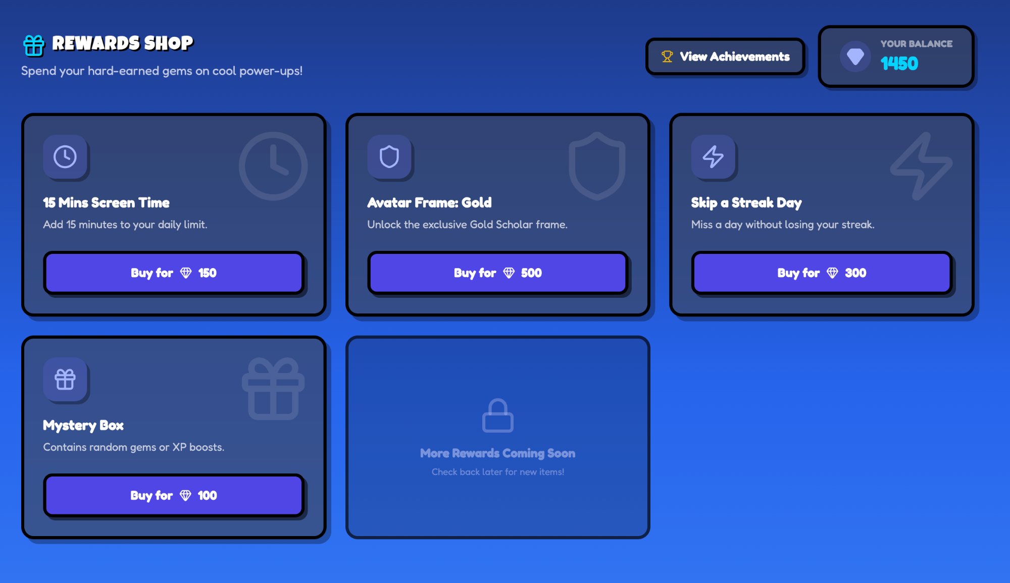 Gamification system with XP, gems, achievement badges, and 20-level title progression