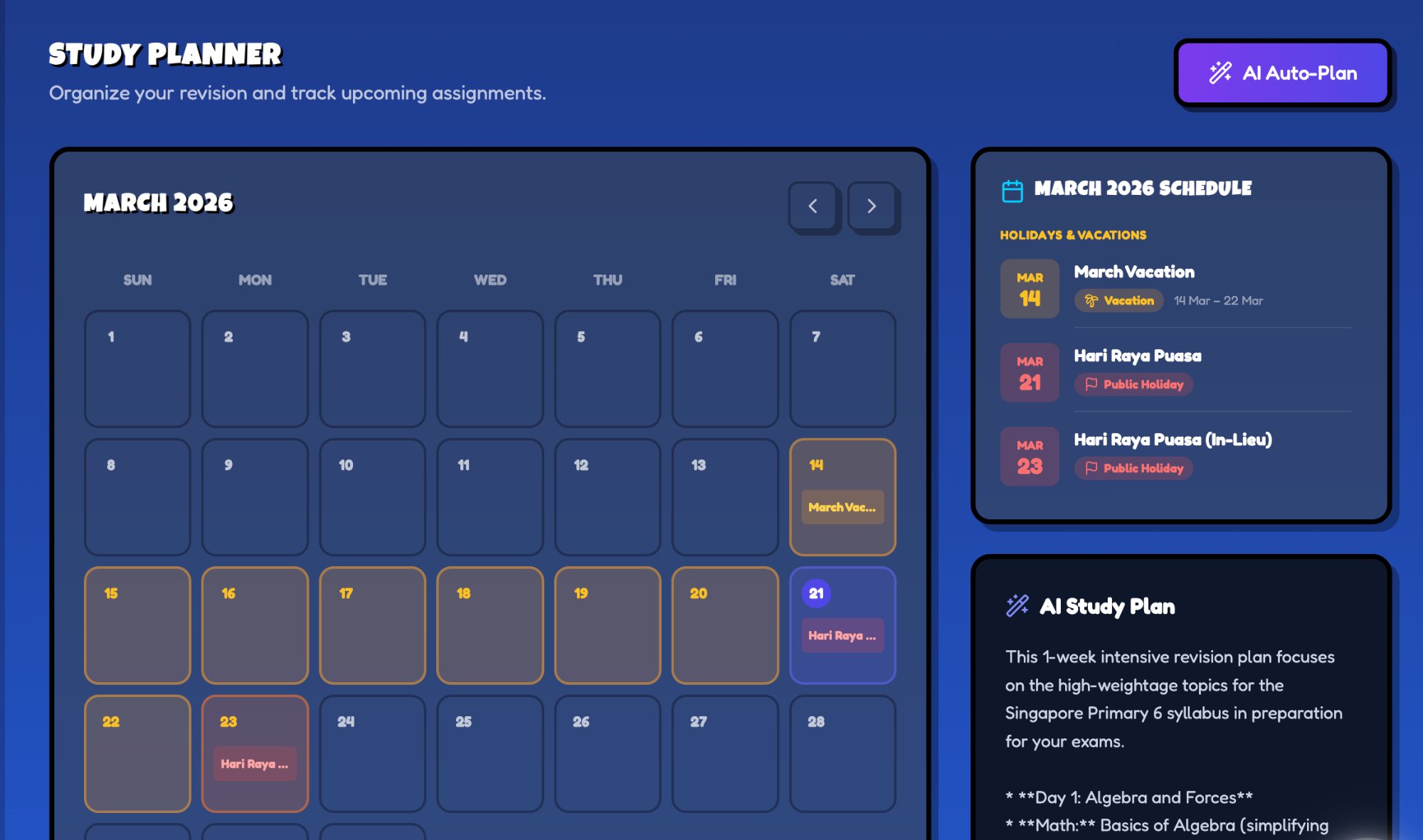 AI study planner with smart scheduling for Singapore school holidays and exam dates